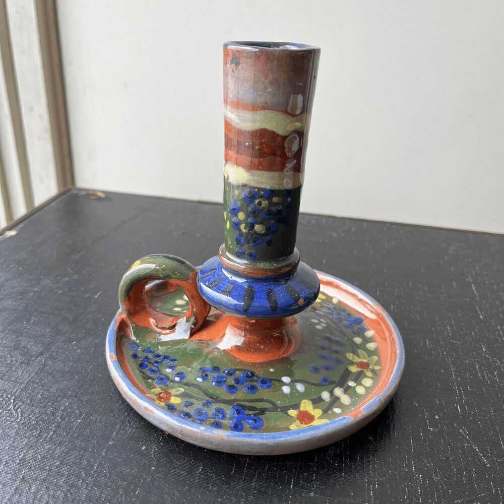 Hand-Painted Folk Art Pottery Candle Holder – Boho Cottagecore Studio Ceramic